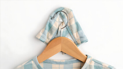 Close-up of Plaid Flannel Shirt Collar on Wooden Hanger