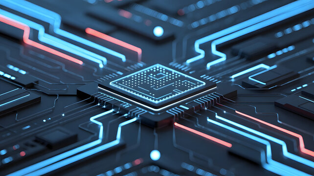 Technological Core: A detailed shot of the intricate circuit board, illustrating the complex structure of modern technology and data processing.
