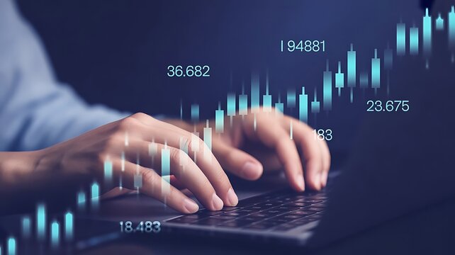 Hands typing on laptop overlaid with glowing candlestick charts and financial data, representing market analysis and crypto trading concept. Business