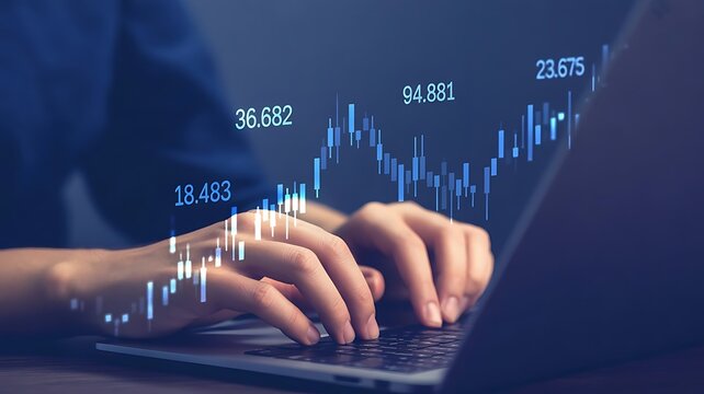 Hands typing on laptop overlaid with glowing candlestick charts and financial data, representing market analysis and crypto trading concept. Business