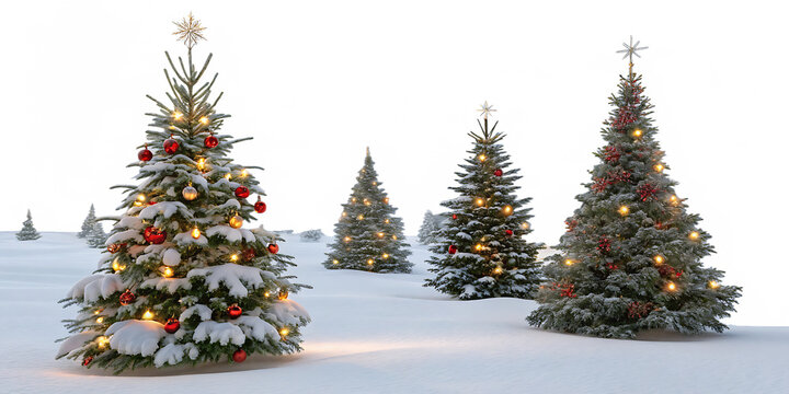 collection of christmas trees in the snow isolated on white background, png, ai generated.