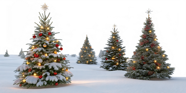 collection of christmas trees in the snow isolated on white background, png, ai generated.