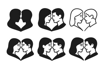 Loving Expressions Icons. Loving glances and facial expressions between partners. Icon set. Set Logo of loving glances and facial expressions between partners: