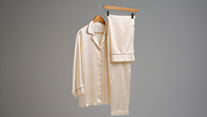 Elegant Cream Silk Pajamas with Brown Piping Hanging on Grey Background