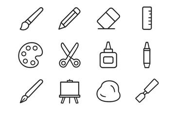 Obraz premium Art Tool Icons. Art tools. Line icon set of art tools: paintbrush, pencil, eraser, ruler, palette, scissors, glue, marker, pen, canvas, clay, chisel. All