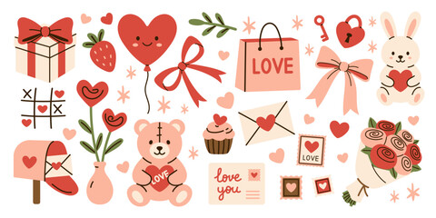 Vector set of cute Valentines Day elements in pink and red tones. Love collection of heart, bow, bear, bunny, balloon, cupcake, flower, gift, mail, stamps. Romantic holiday symbols in flat design.