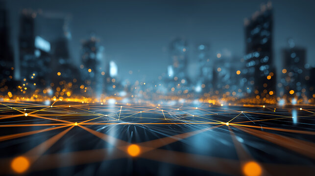 next-gen smart city, intense amber and blue light mesh with pinpoint node glow, architectural silhouette blur in background, layered atmospheric depth.