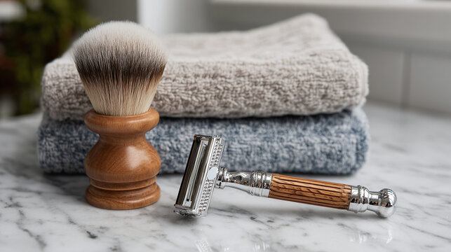 Classic metal safety razor with wooden shaving brush and folded towels on marble bathroom countertop