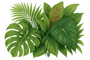 Lush tropical leaves and exotic plants forming a vibrant green botanical arrangement. Transparent background