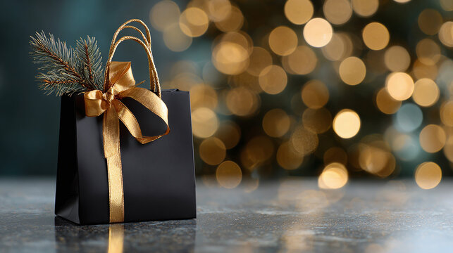 elegant black gift bag with golden ribbon and pine branch on blurred bokeh background - Powered by Adobe
