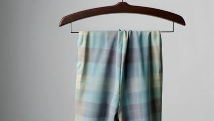 Soft Flannel Plaid Sleep Pants Hanging on Dark Wooden Hanger