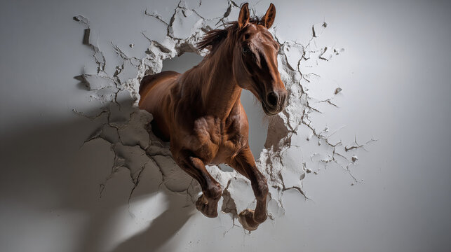 horse jumping throught white wall hole