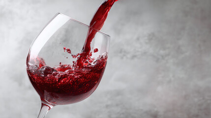 Red wine being poured into clear glass goblet against light background, smooth liquid motion, elegant dining concept