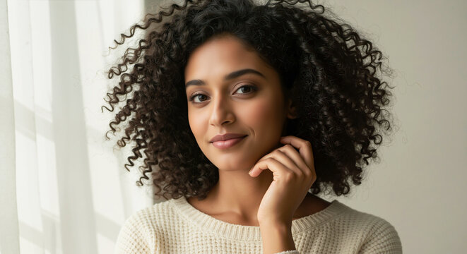 Headshot of a young woman with voluminous curly hair. Happy person with a confident smile and healthy skin. Natural beauty and skincare concept