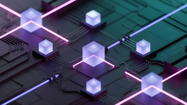 Cybernetic Network: An intricate network of glowing cubes and neon pathways. A futuristic design, with vibrant hues of purple and blue creates a visual representation of technology, data.