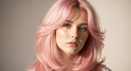 Naklejka premium Portrait of a young woman with trendy pink hair. Beauty model with a voluminous layered haircut and natural makeup. Hair color and salon hairstyle concept