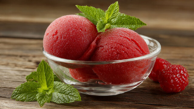 raspberry sorbet in a transparent bowl, garnished with fresh raspberries and mint leaves