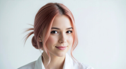 Portrait of a young woman with trendy pink hair. Beauty model with natural makeup smiling at the camera. Headshot on a clean white background