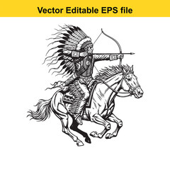 Native american chief riding a horse and aiming a bow and arrow, isolated on hand drawn vector illustration in engraving style