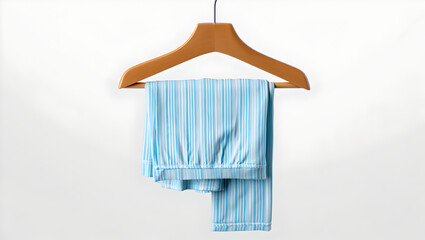 Blue and White Striped Sleep Pants Folded on Wooden Hanger