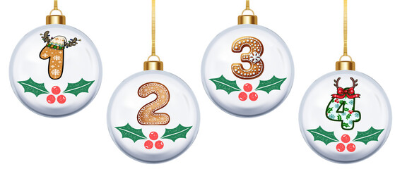 4 days until christmas: set yellow (golden) baubles isolated over white (transparent) background