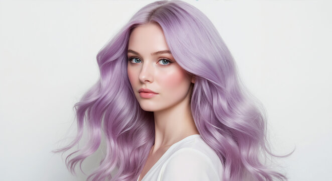 Beauty portrait of a young woman with long, wavy purple hair. Model with trendy pastel hair color and professional makeup. Hair salon and dye concept
