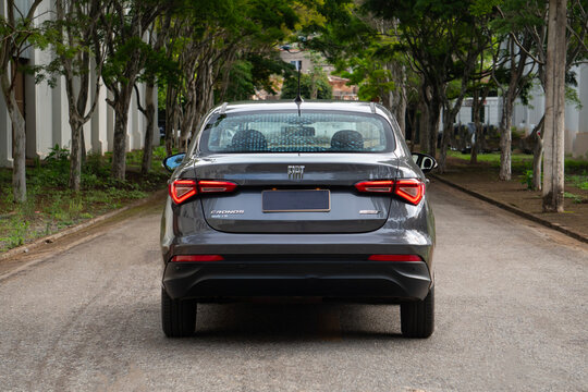 Gray Fiat Cronos rear view, Compact sedan parked on tree-lined street