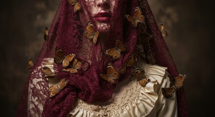Obraz premium Mysterious woman in lace with butterflies on her veil