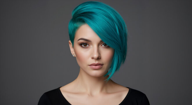 Beauty portrait of a woman with a trendy turquoise asymmetrical haircut. Fashion model with vibrant colored hair and professional makeup
