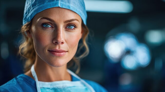Portrait of a focused female surgeon in scrubs, highlighting professionalism and dedication in a modern operating room.