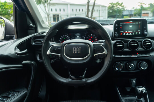 Fiat Cronos steering wheel driver POV, Compact sedan interior dashboard view