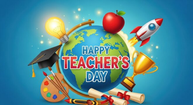 Happy Teacher's Day celebration with globe and education symbols - Powered by Adobe