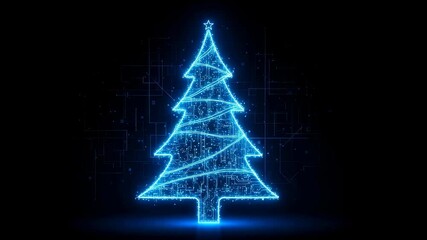 Digital Christmas tree made of circuit board lines and particles forming holiday star, new year technology concept.