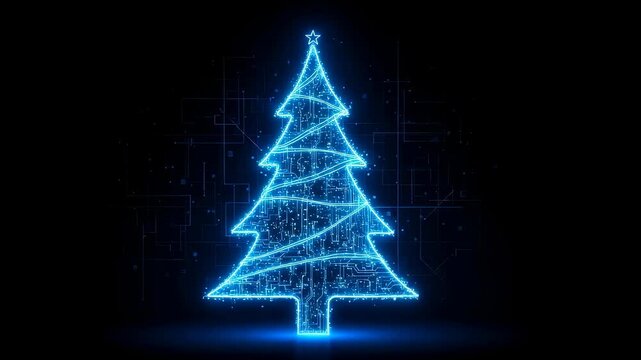 Digital Christmas tree made of circuit board lines and particles forming holiday star, new year technology concept.