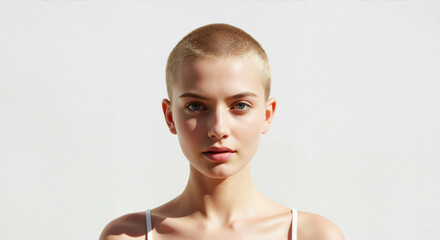 Portrait of a confident young woman with a blonde buzz cut. Beautiful female model with short hair looking at the camera on a white background