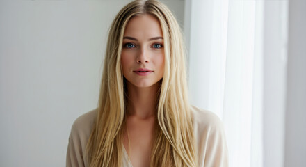 Young blonde woman with blue eyes in a natural beauty portrait. Skincare and haircare concept with a healthy female model