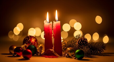 Warm glowing candles with Christmas ornaments create a cozy holiday mood
