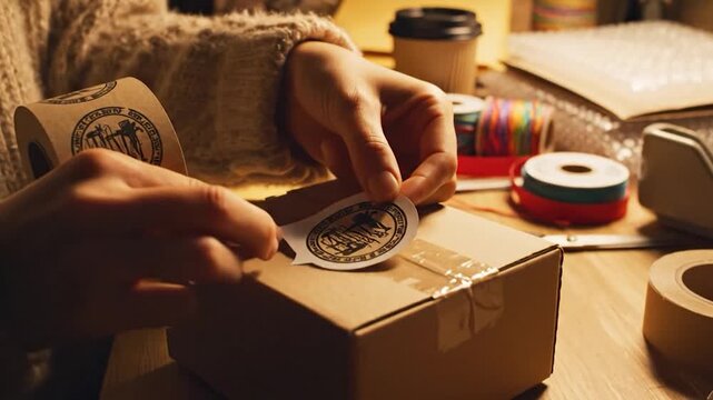 Close up hands peeling sticker roll preparing package for shipping small business