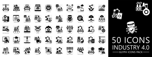 Industry 4.0 glyph icons pack. contain automation, delivery, digital factory, robot, IOT, green industry, monitoring, process and more. Vector for print, digital UI, UX kit, web and app development.