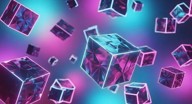 Floating faceted cubes with neon outlines against a colorful backdrop