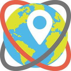 Global Location Marker Icon with Stylized Orbiting Rings and Earth Globe Illustration on Transparent Background Representing Navigation and Connectivity