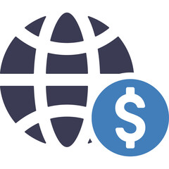 Global Finance Symbol A Dark Blue Globe Icon With A Blue Circle Containing A White Dollar Sign Overlay On The Right Side Representing Worldwide Financial Transactions
