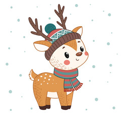Cute cartoon winter deer wearing hat and scarf