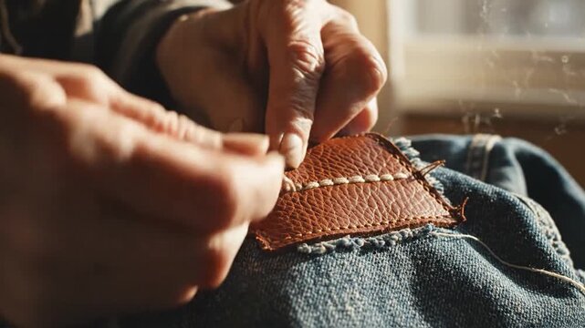 Close up of hands sewing a brown leather patch with a needle and thread onto blue denim fabric demonstrating a craft repair or customization project