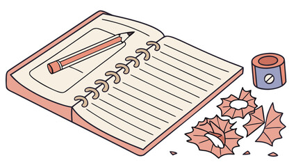 Drawing materials on notebook with pencil, sharpener, and pencil shavings. Notebook features blank pages perfect for notes or sketches. 