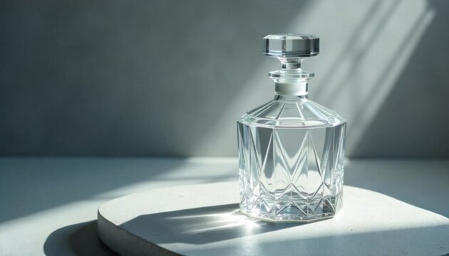 Medium shot of faceted crystal glass decanter standing on round concrete podium under hard sunlight with dramatic shadows against grey background