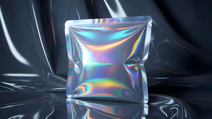 Holographic square pouch mockup, silver iridescent foil bag, glossy metallic packaging background, rainbow color reflection, for cosmetic, candy, brand, futuristic, design.
