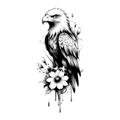 Eagle and flower vintage y2k halftone art, floral wings stipple brutalist retro vector png with transparent background, bold 2000s aesthetic photocopy effect tattoo
