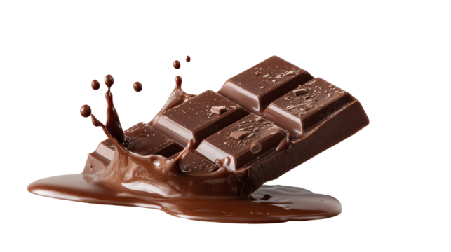 Ai chocolate bar splash through melted chocolate, highlighting delicious texture and flavor in an indulgent setting on a white background