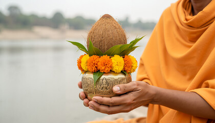Monk holding sacred offering with coconut and flowers by river  